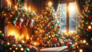 Decorated Christmas tree with sparkling lights and colorful ornaments, a shining star on top, set in a cozy room with a fireplace, stockings, a window showing falling snowflakes, and softly glowing candles, conveying a joyful and celebratory holiday atmosphere.