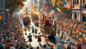 Festive Columbus Day parade with floats, people in traditional and explorer-themed costumes, spectators of diverse ethnicities, flags, banners, and scenes of historical exploration